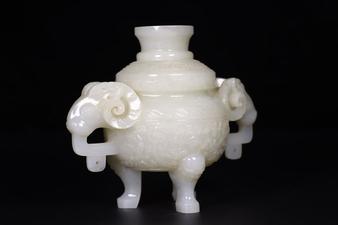 Superb Chinese Hetian Jade Carved Double Ear Sheep Incense Burner - 3