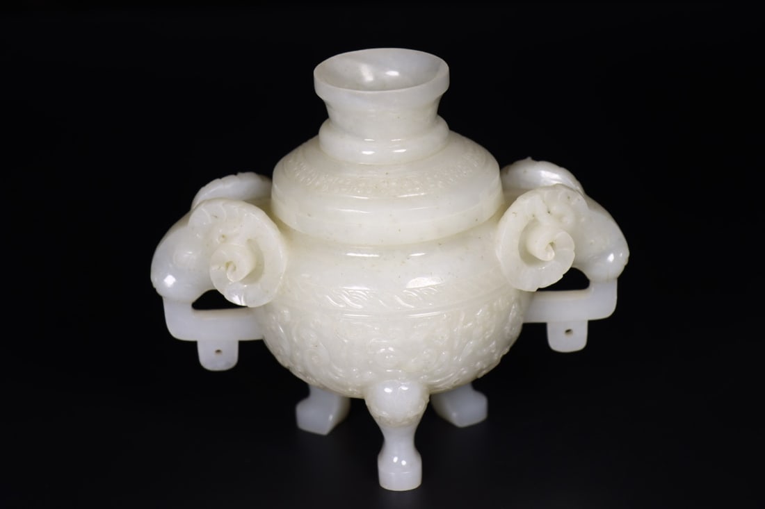 Superb Chinese Hetian Jade Carved Double Ear Sheep Incense Burner - 5