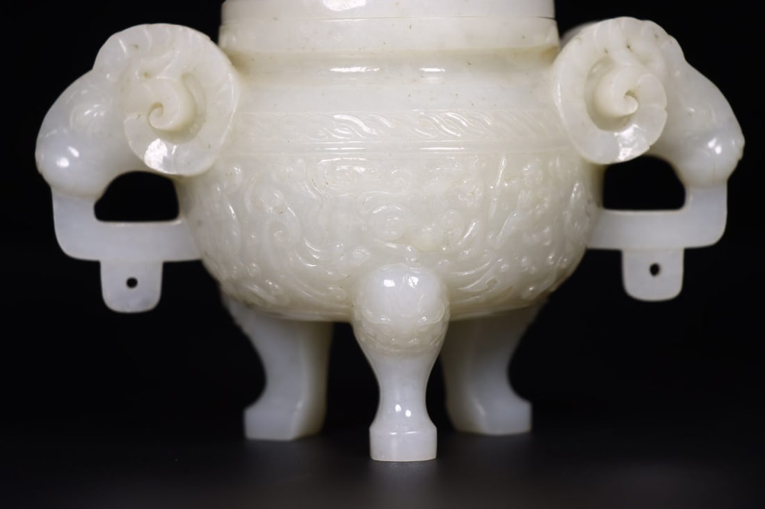 Superb Chinese Hetian Jade Carved Double Ear Sheep Incense Burner - 7