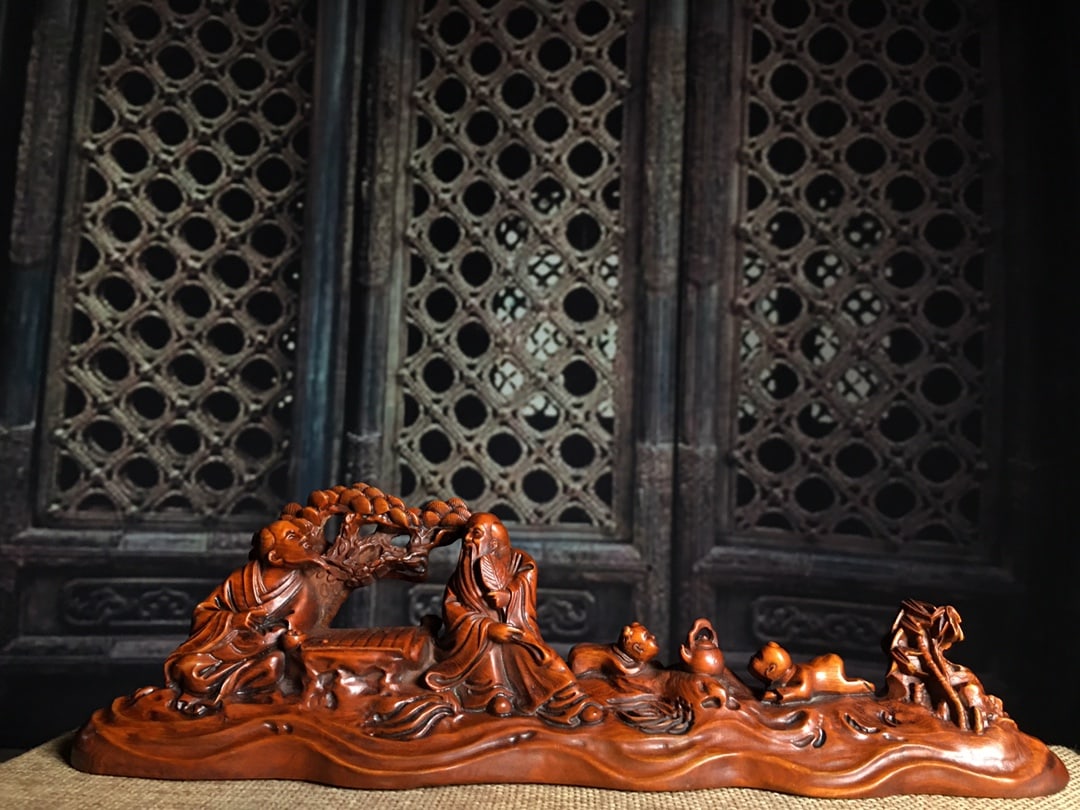 Vintage Chinese Boxwood Wood Carved Playing Chess Old Men Statue (1 of 9)