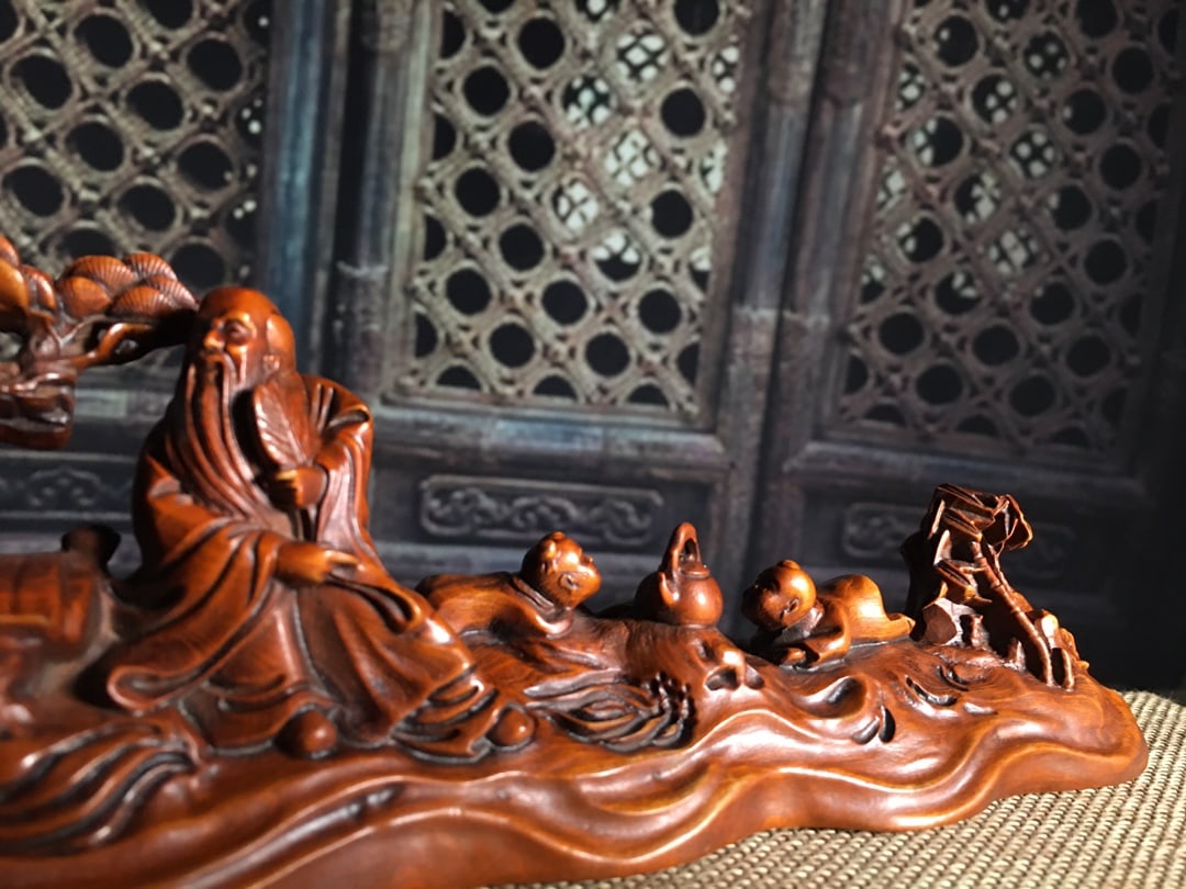 Vintage Chinese Boxwood Wood Carved Playing Chess Old Men Statue - 4