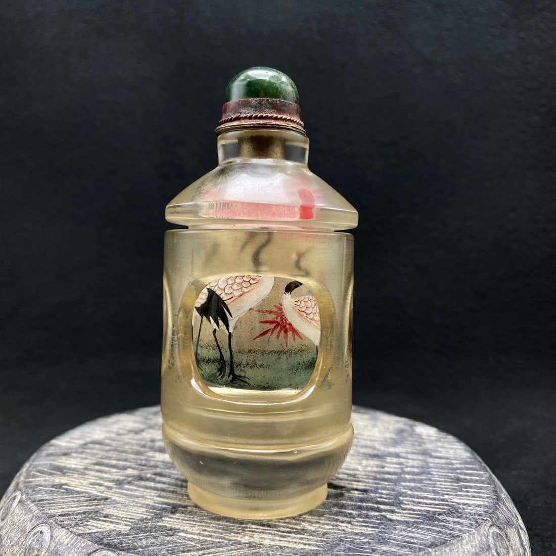 Old Chinese Peking Glass Inside Painting Crane Design Turn Heart Snuff Bottle (1 of 8)