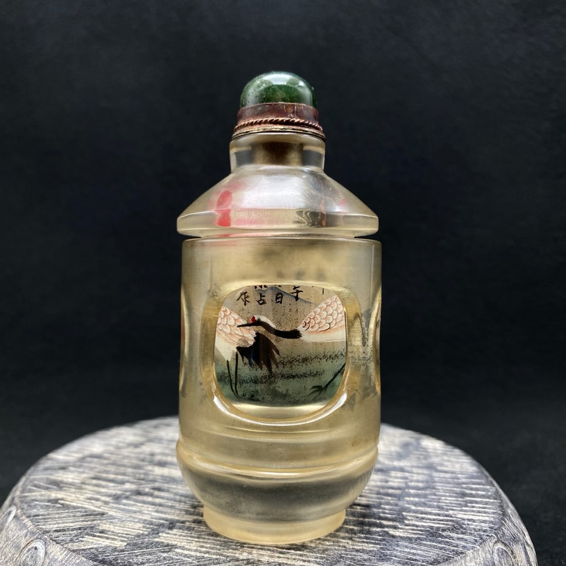 Old Chinese Peking Glass Inside Painting Crane Design Turn Heart Snuff Bottle - 2