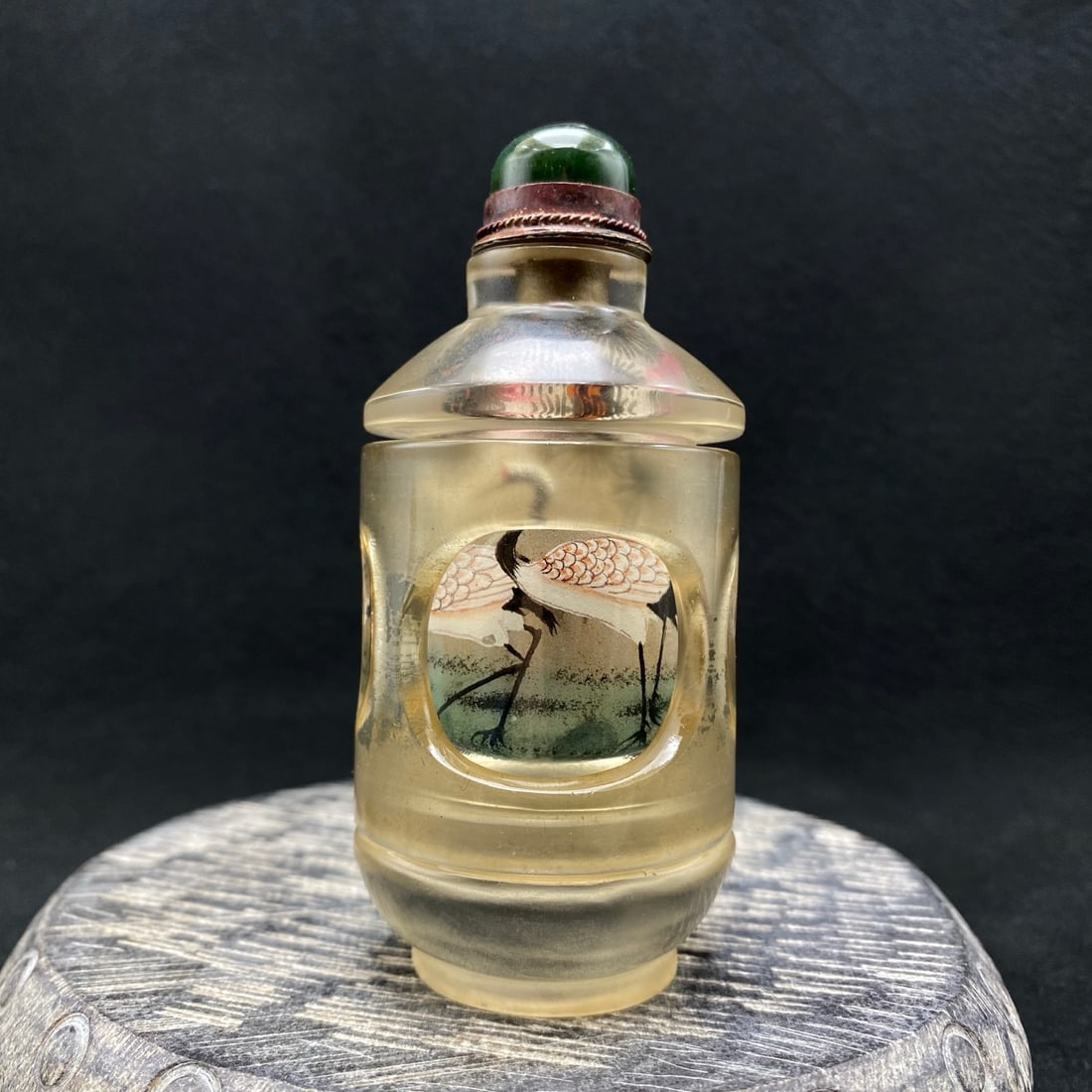 Old Chinese Peking Glass Inside Painting Crane Design Turn Heart Snuff Bottle - 3