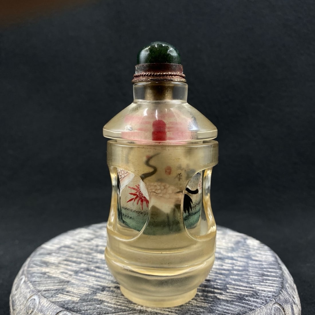 Old Chinese Peking Glass Inside Painting Crane Design Turn Heart Snuff Bottle - 4