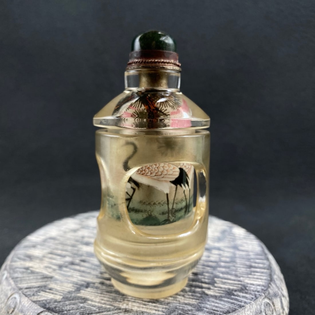 Old Chinese Peking Glass Inside Painting Crane Design Turn Heart Snuff Bottle - 5