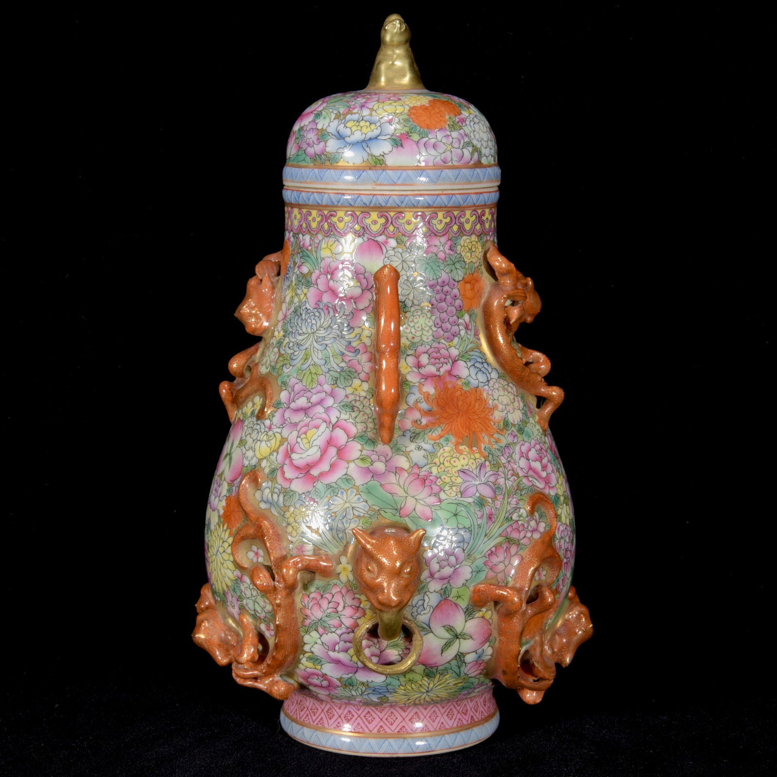 Chinese Qing Dynasty Gilt Edge Famille Rose High Relief Dragon Porcelain Pot - 2