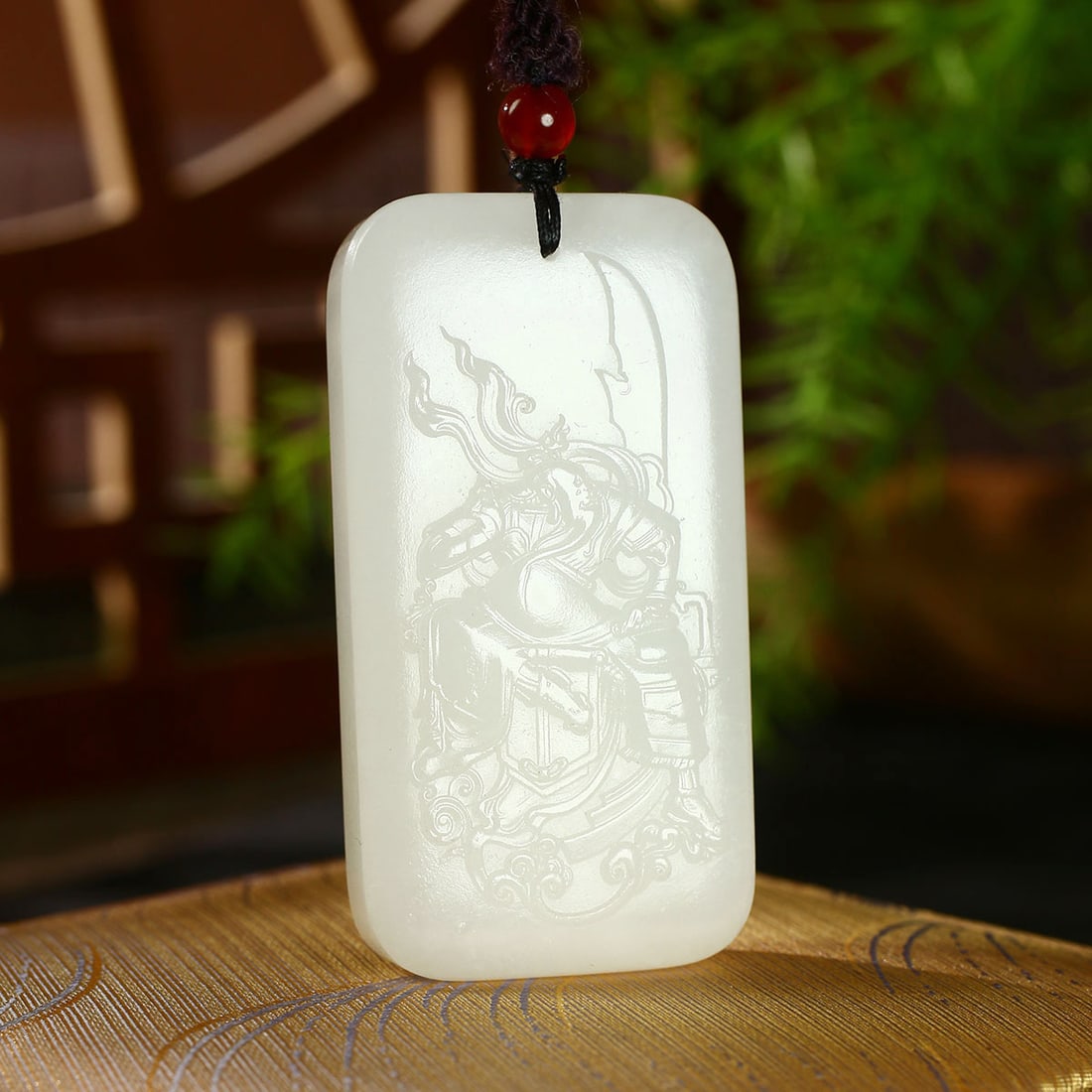 Superb Chinese Hetian Jade Low Relief General Guangong Pendant - 2