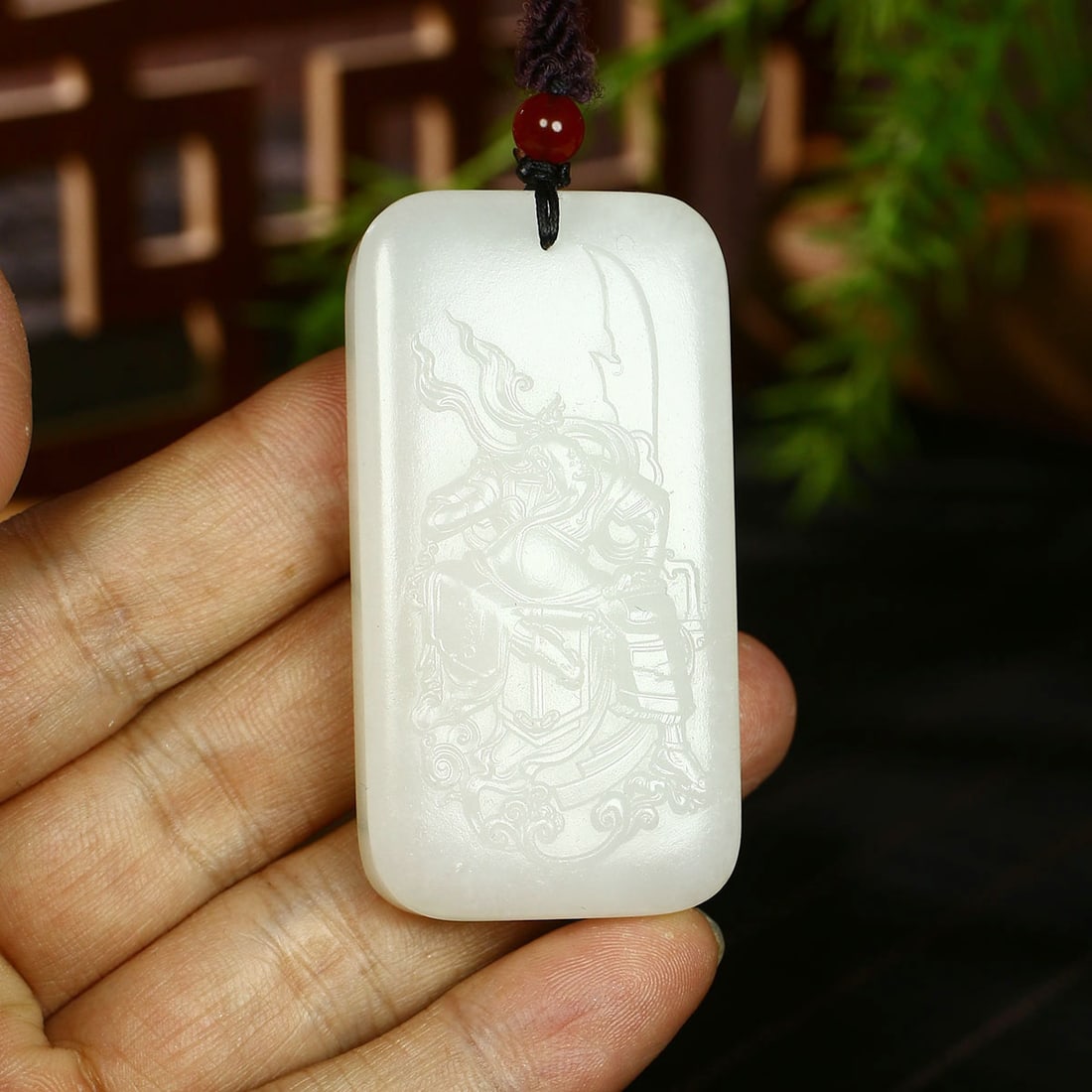 Superb Chinese Hetian Jade Low Relief General Guangong Pendant - 4