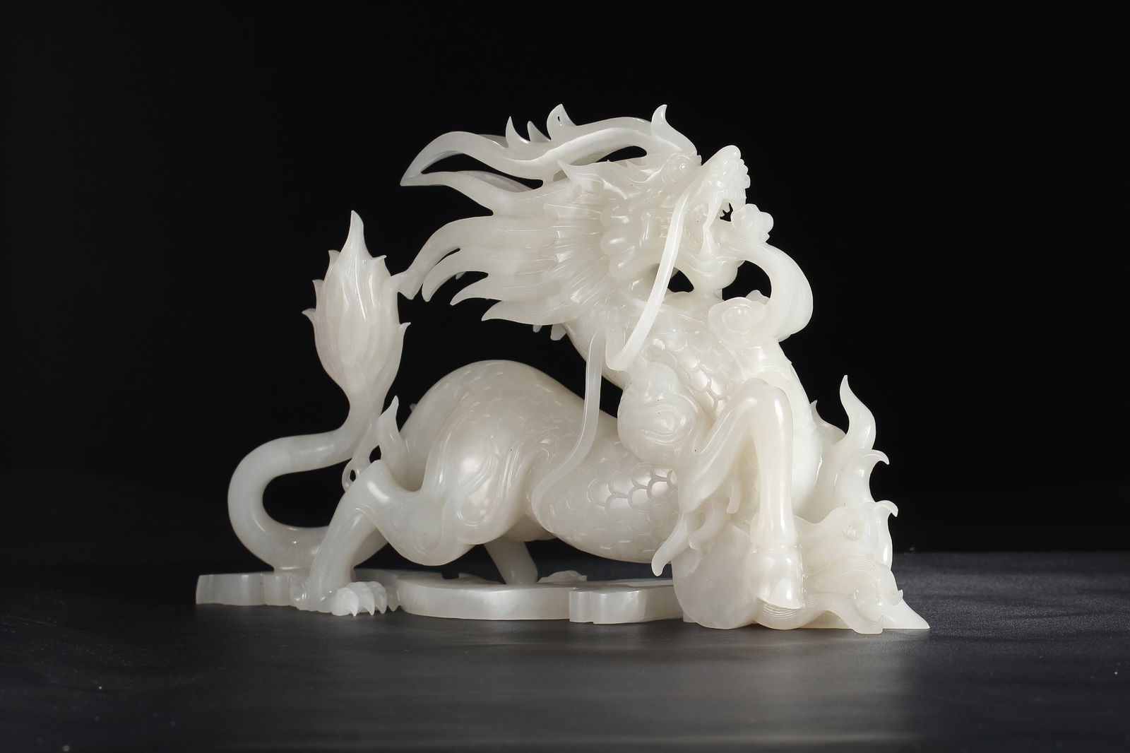 Exquisite Chinese White Hetian Jade Carved Fortune Kylin Statue - 9