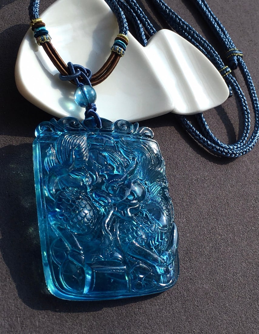 Beautiful Natural Aquamarine Carved Fortune Kylin Pendant - 12