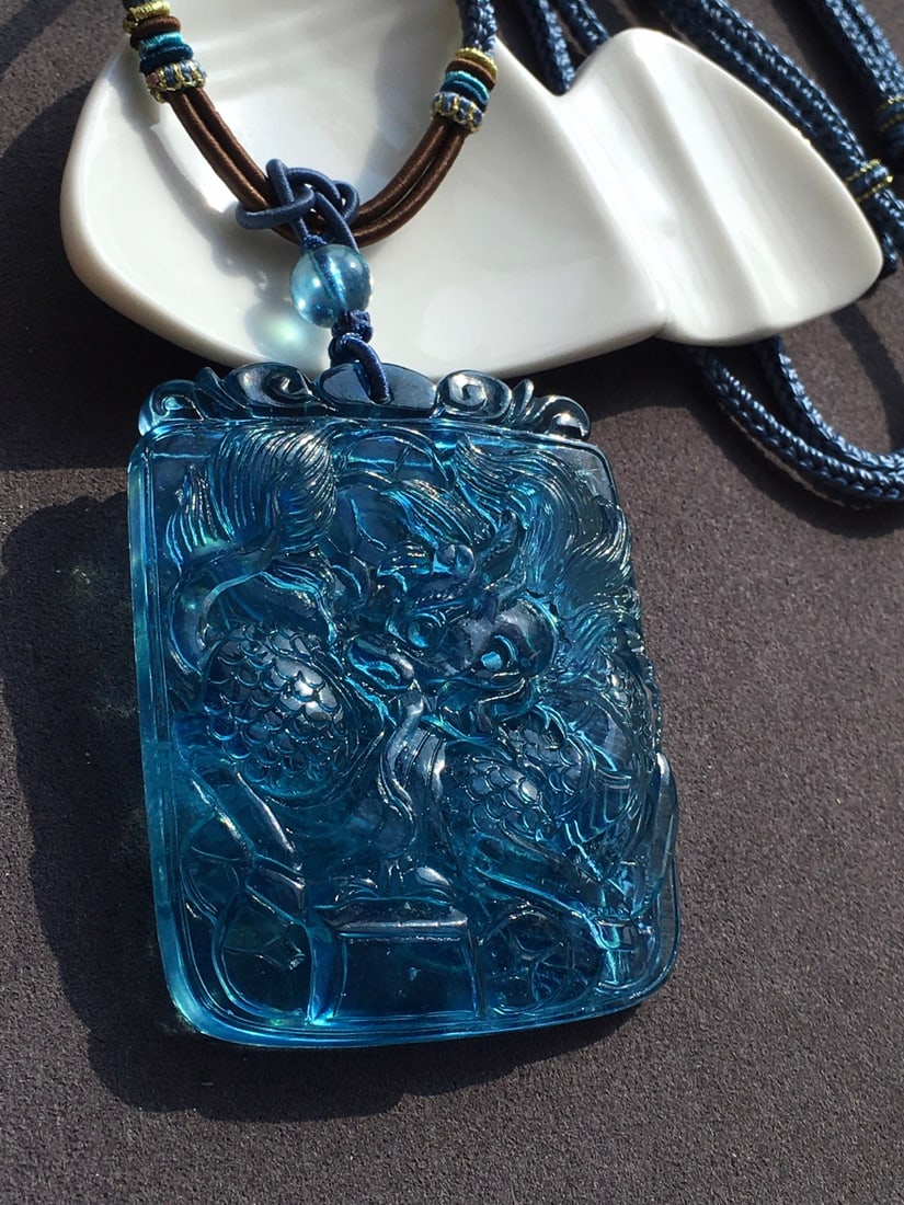 Beautiful Natural Aquamarine Carved Fortune Kylin Pendant - 2