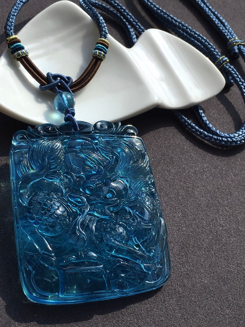 Beautiful Natural Aquamarine Carved Fortune Kylin Pendant - 3