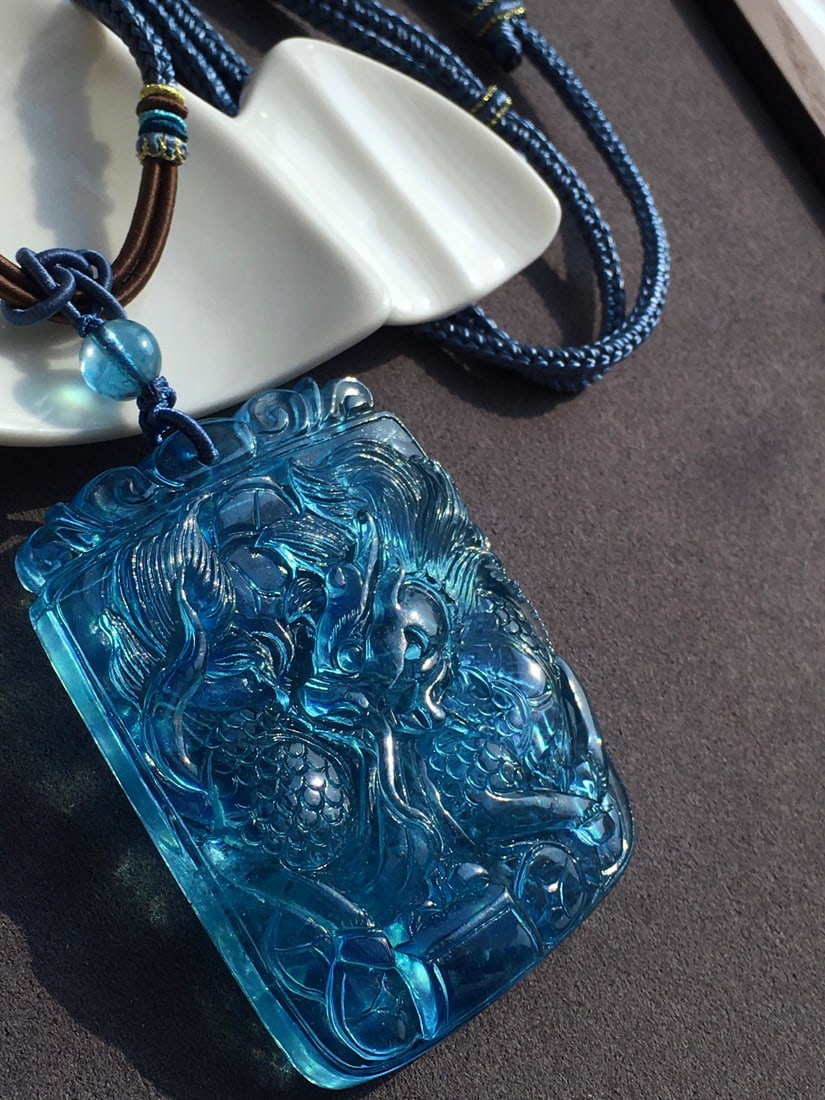 Beautiful Natural Aquamarine Carved Fortune Kylin Pendant - 5