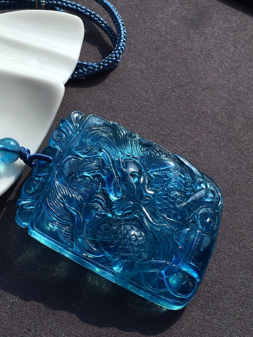 Beautiful Natural Aquamarine Carved Fortune Kylin Pendant - 6