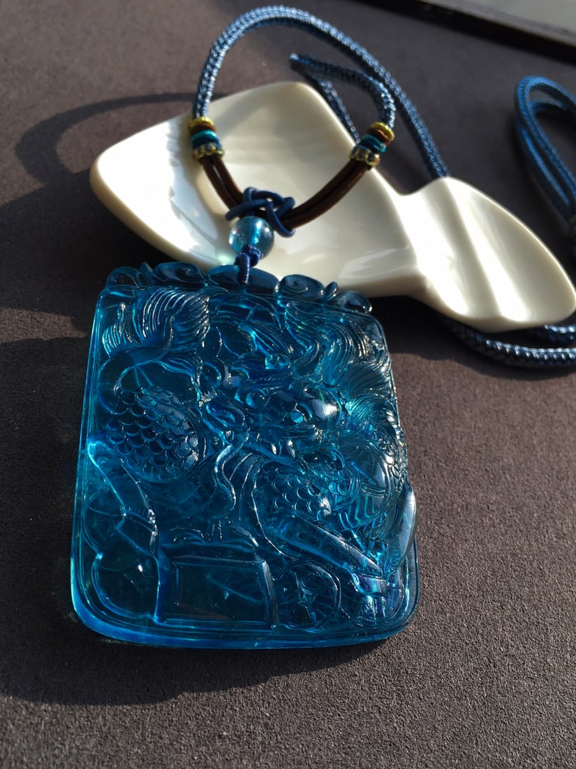 Beautiful Natural Aquamarine Carved Fortune Kylin Pendant - 9