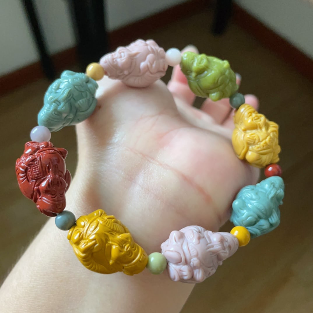 Hand Woven Beautiful Alxa Agate Carved Fortune Taoism Deity Beads Bracelet - 4