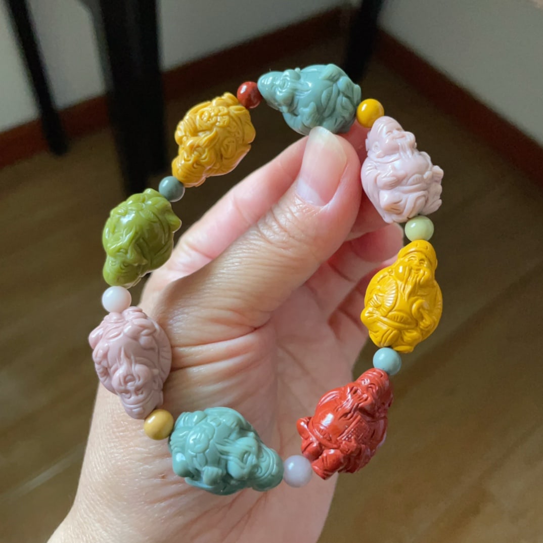 Hand Woven Beautiful Alxa Agate Carved Fortune Taoism Deity Beads Bracelet - 5