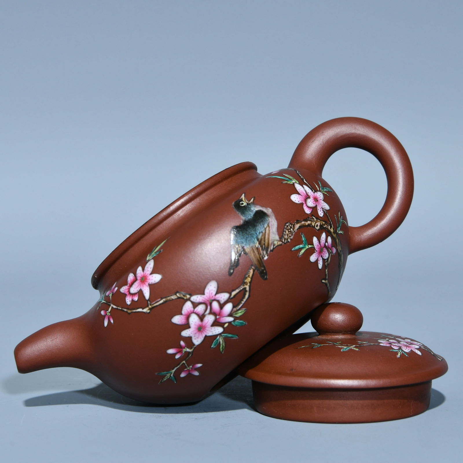 Chinese Famille Rose Yixing Zisha Clay Flowers Bird Design Teapot w Artist Signed - 4