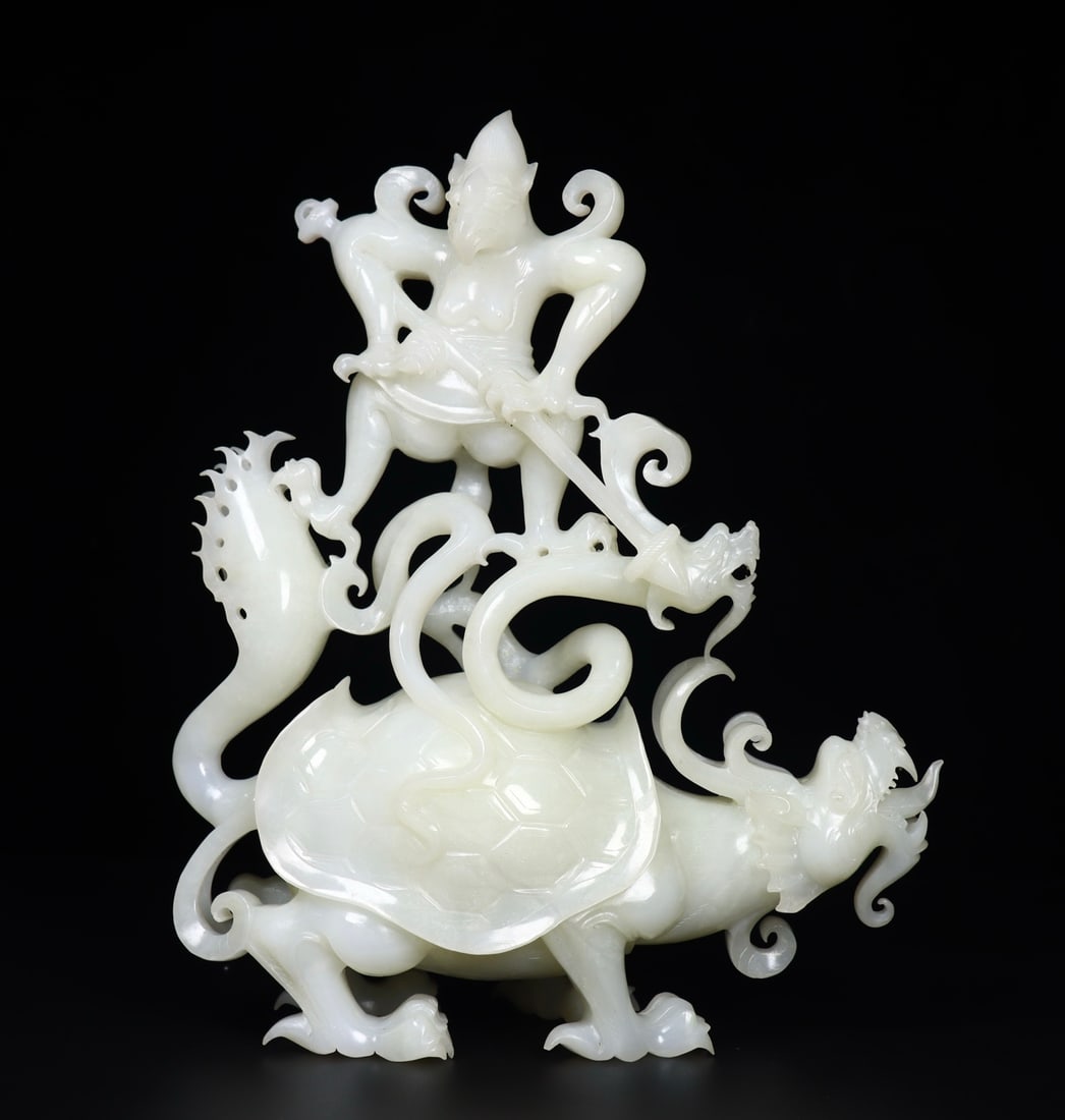 Superb Chinese White Hetian Jade Carved Divine Beast & Buddha Statue (1 of 9)