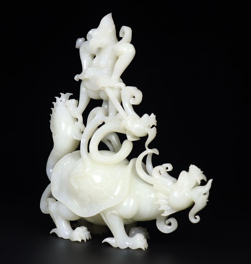 Superb Chinese White Hetian Jade Carved Divine Beast & Buddha Statue - 2