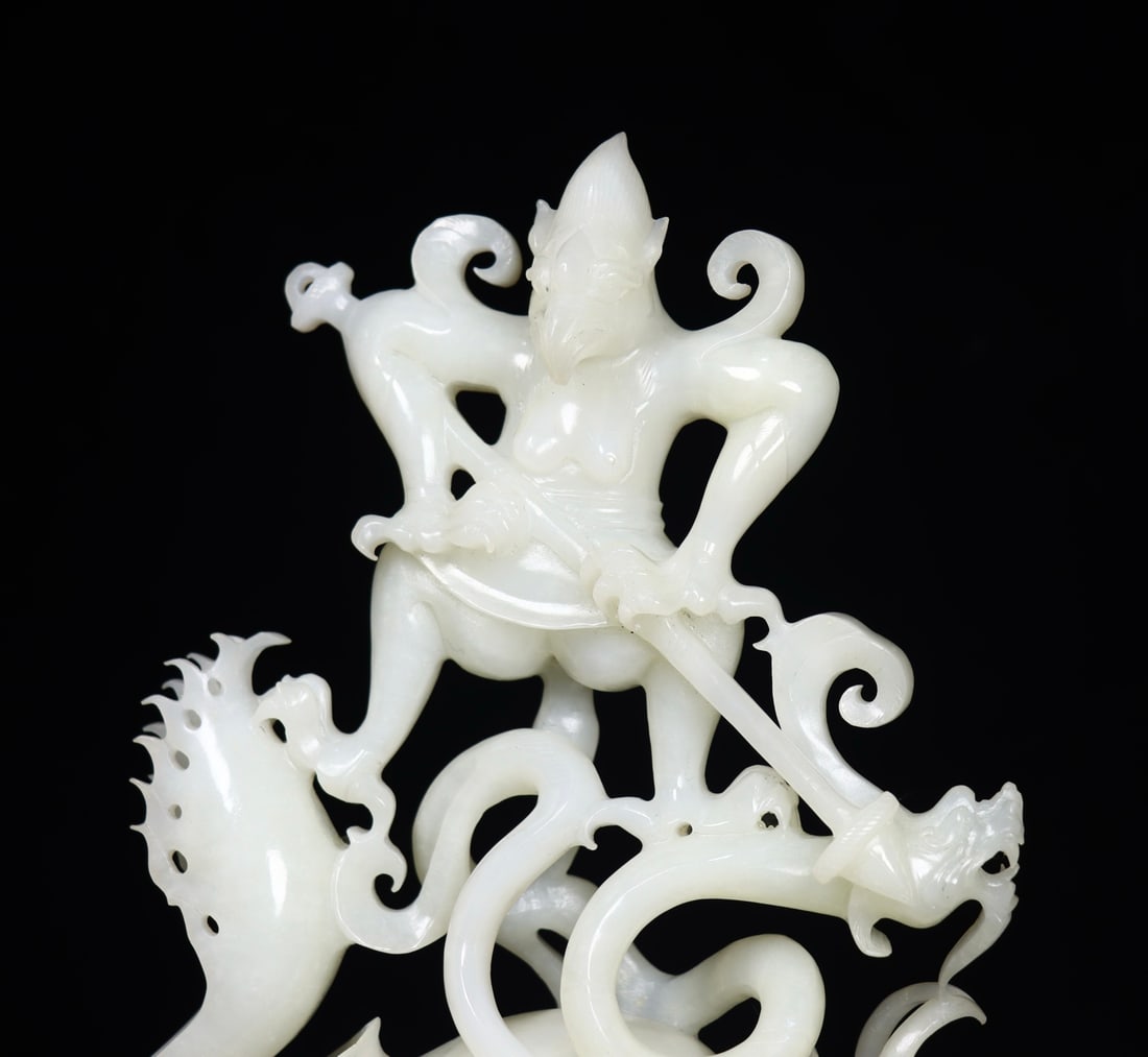 Superb Chinese White Hetian Jade Carved Divine Beast & Buddha Statue - 3