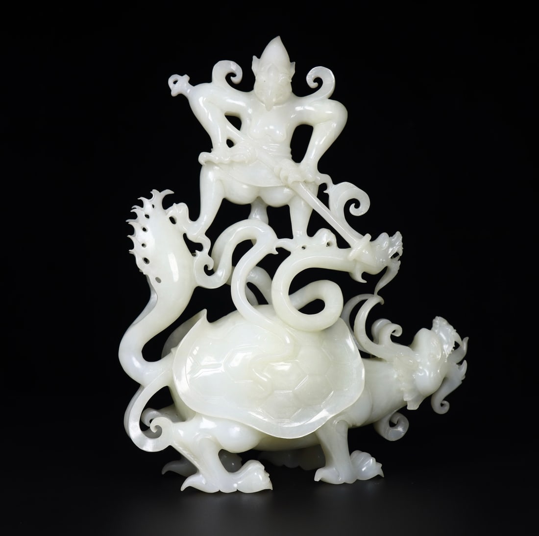 Superb Chinese White Hetian Jade Carved Divine Beast & Buddha Statue - 4