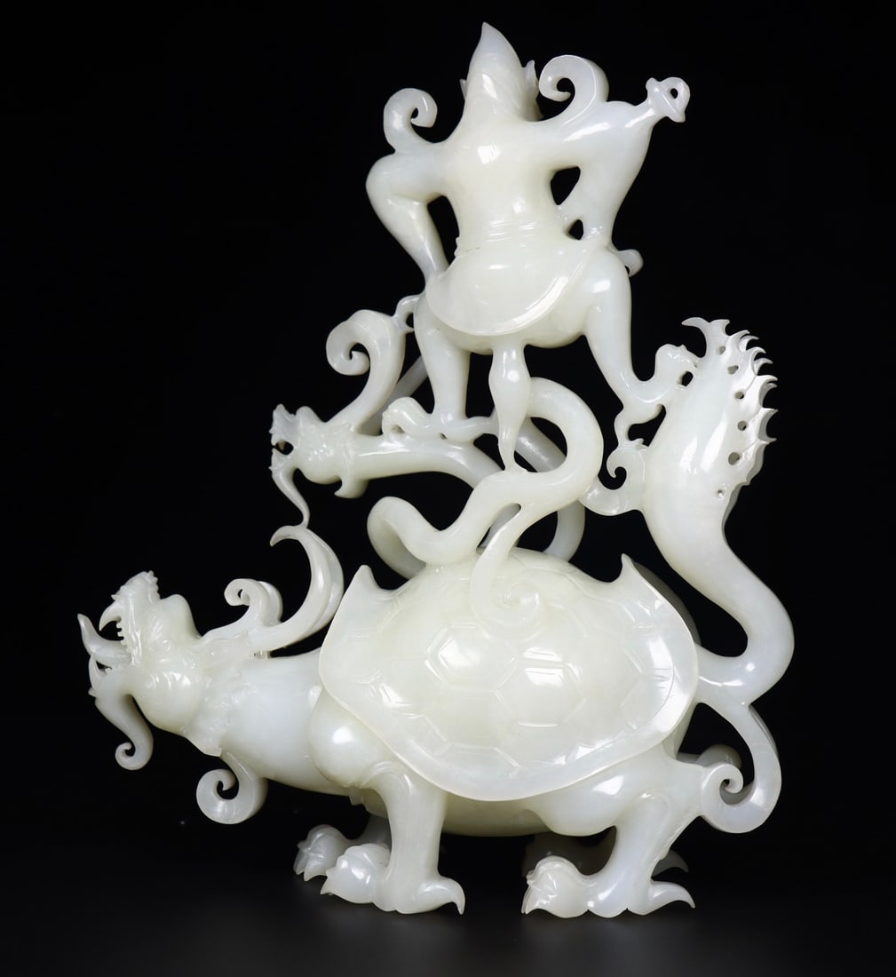 Superb Chinese White Hetian Jade Carved Divine Beast & Buddha Statue - 5