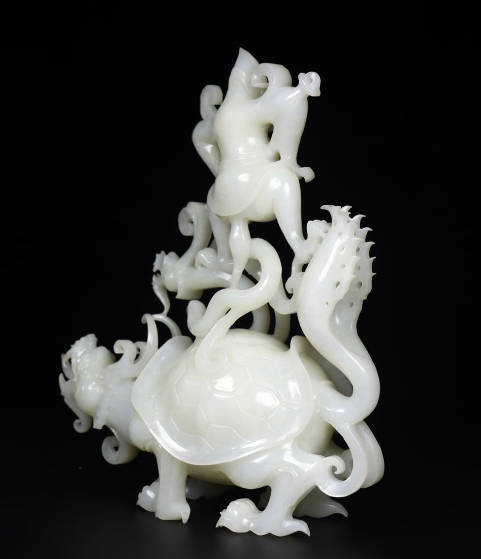 Superb Chinese White Hetian Jade Carved Divine Beast & Buddha Statue - 7