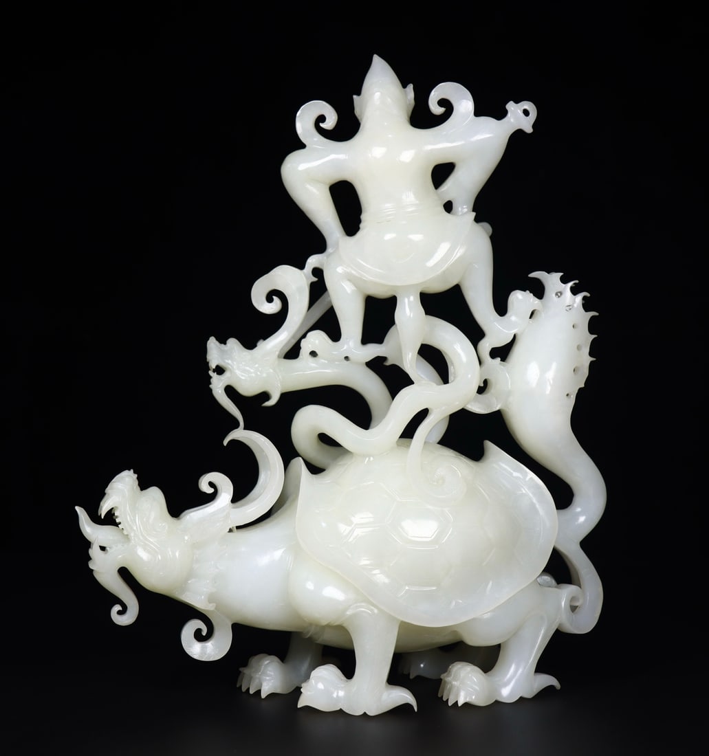 Superb Chinese White Hetian Jade Carved Divine Beast & Buddha Statue - 8