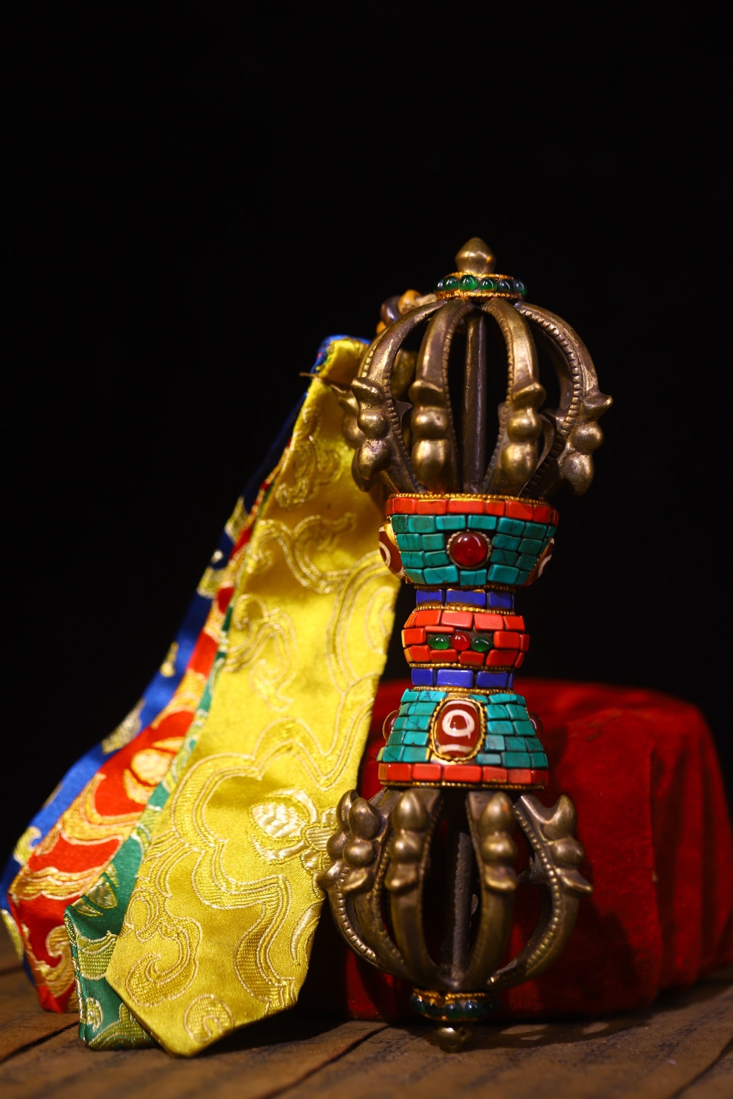 Tibetan Gilt Gold Copper Inlay Turquoise & Gems Pestle Xiangmo Statue (1 of 9)