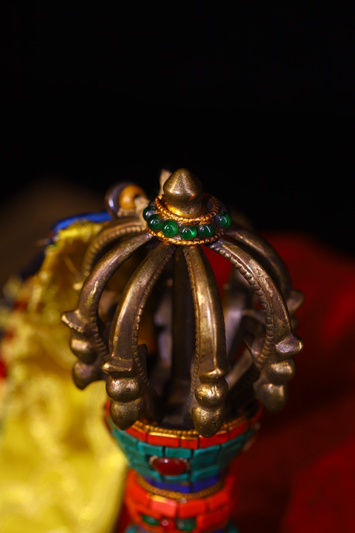 Tibetan Gilt Gold Copper Inlay Turquoise & Gems Pestle Xiangmo Statue - 3