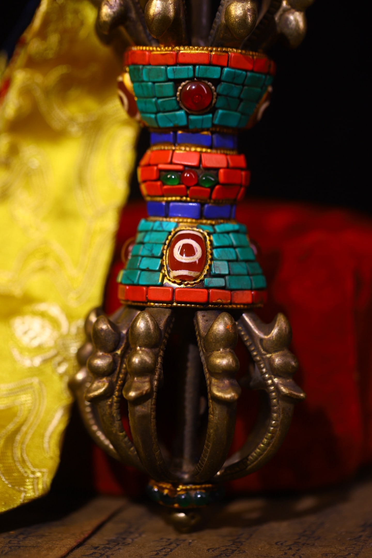 Tibetan Gilt Gold Copper Inlay Turquoise & Gems Pestle Xiangmo Statue - 4