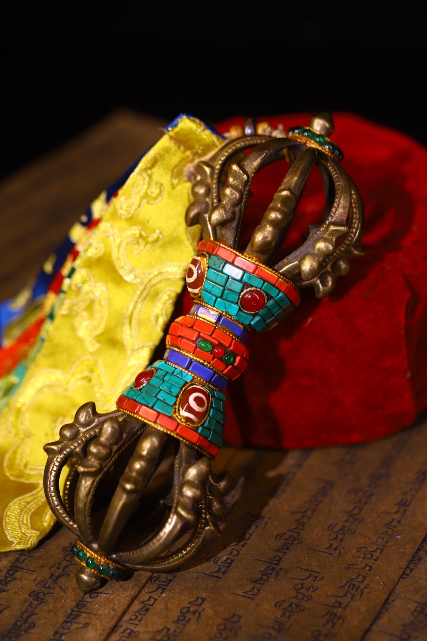 Tibetan Gilt Gold Copper Inlay Turquoise & Gems Pestle Xiangmo Statue - 5