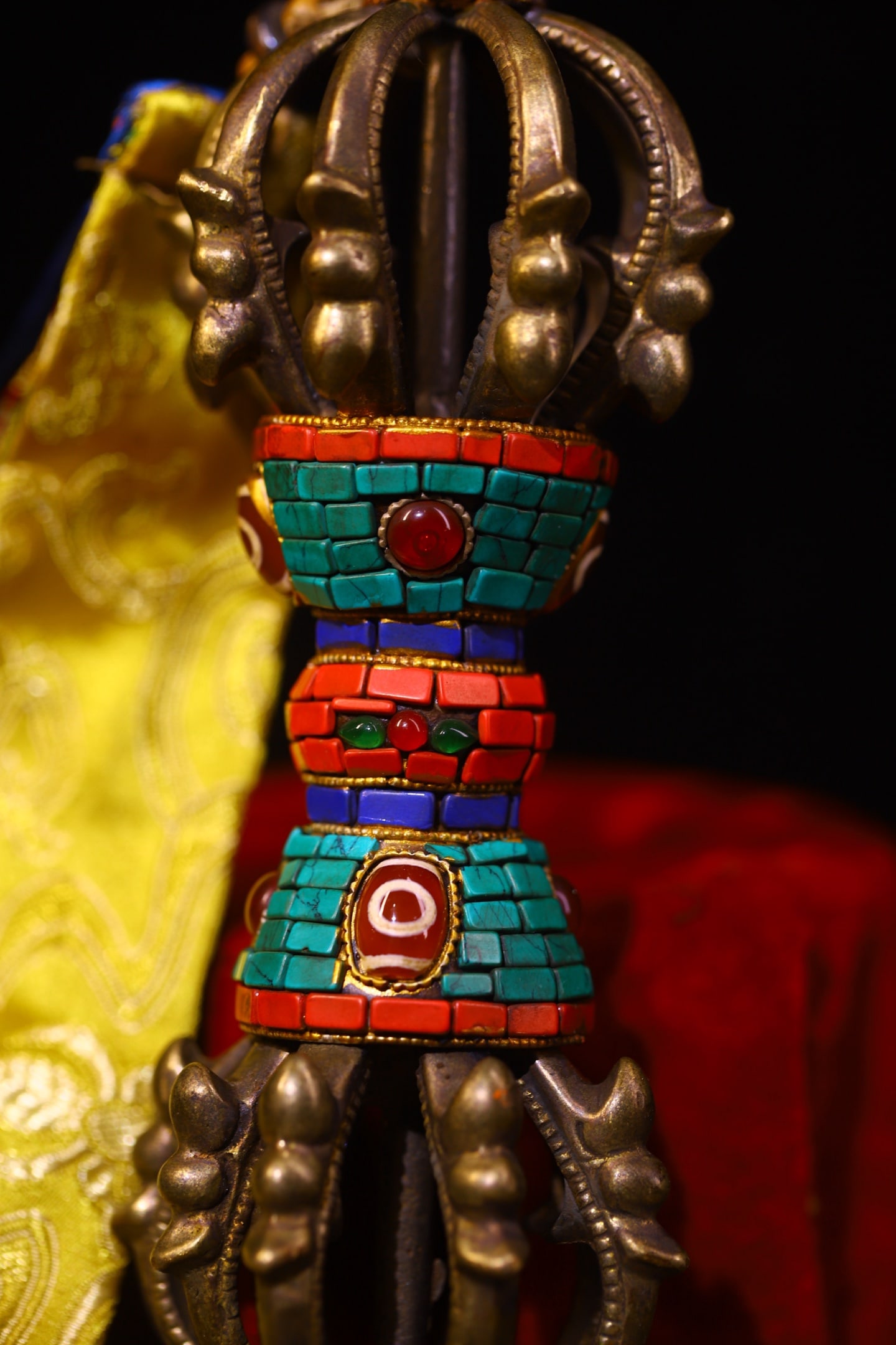 Tibetan Gilt Gold Copper Inlay Turquoise & Gems Pestle Xiangmo Statue - 6