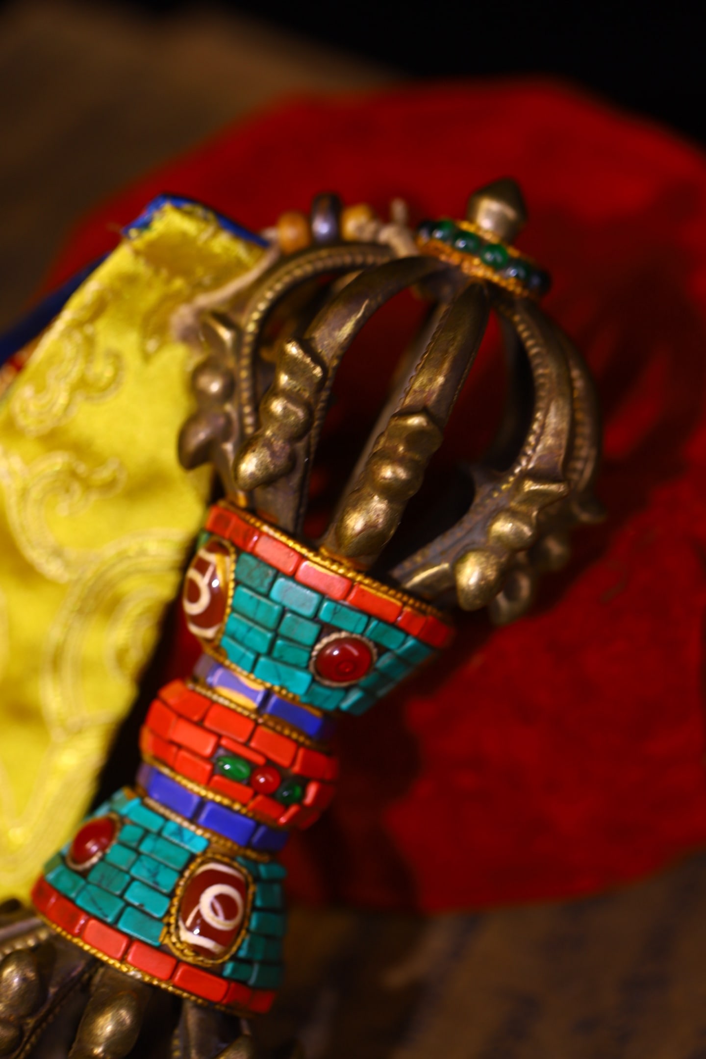 Tibetan Gilt Gold Copper Inlay Turquoise & Gems Pestle Xiangmo Statue - 7