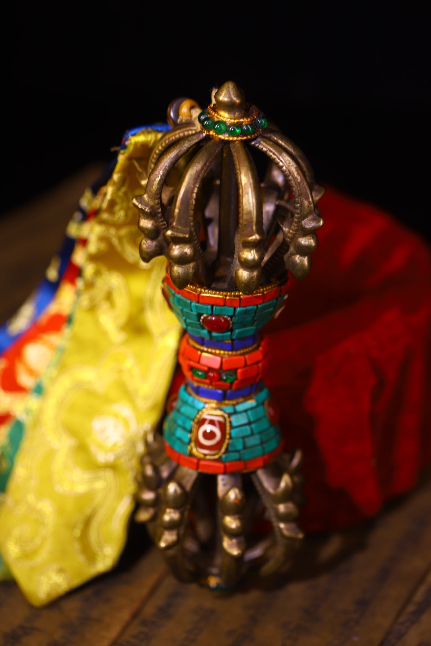 Tibetan Gilt Gold Copper Inlay Turquoise & Gems Pestle Xiangmo Statue - 8