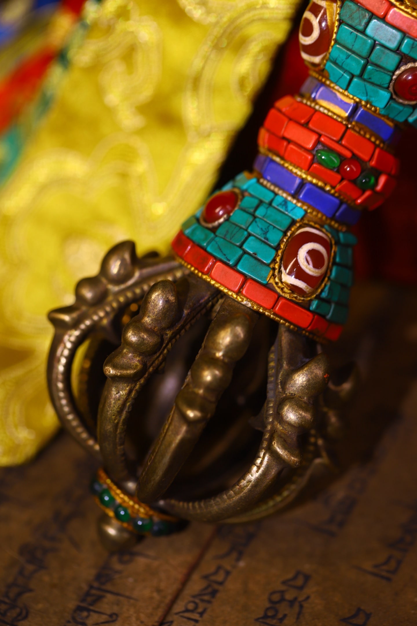 Tibetan Gilt Gold Copper Inlay Turquoise & Gems Pestle Xiangmo Statue - 9