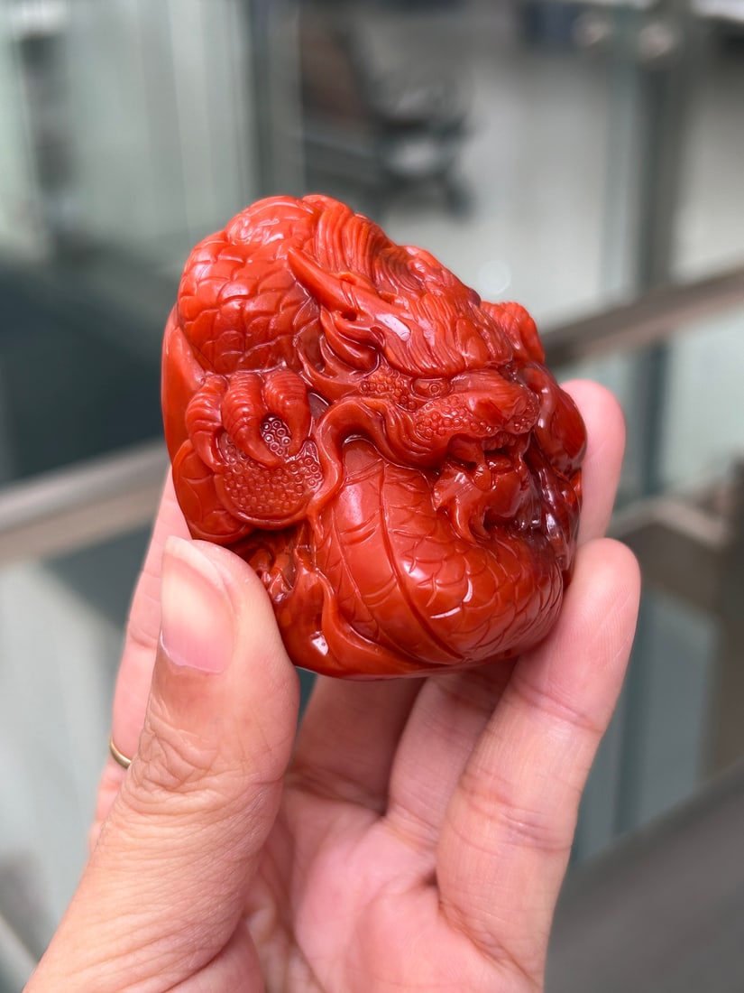 Chinese Nanhong Agate Carved Fortune Dragon Statue - 2