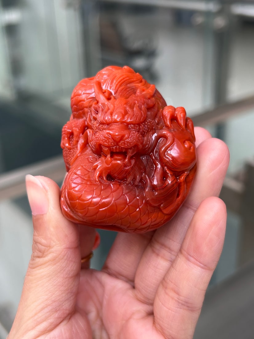 Chinese Nanhong Agate Carved Fortune Dragon Statue - 3