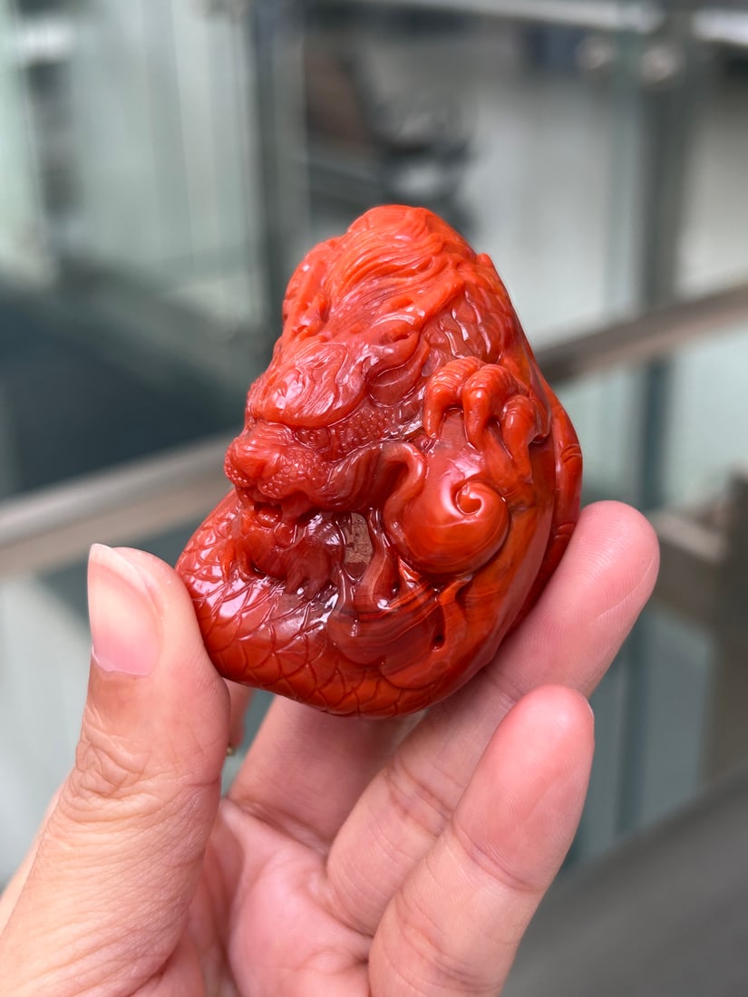 Chinese Nanhong Agate Carved Fortune Dragon Statue - 4
