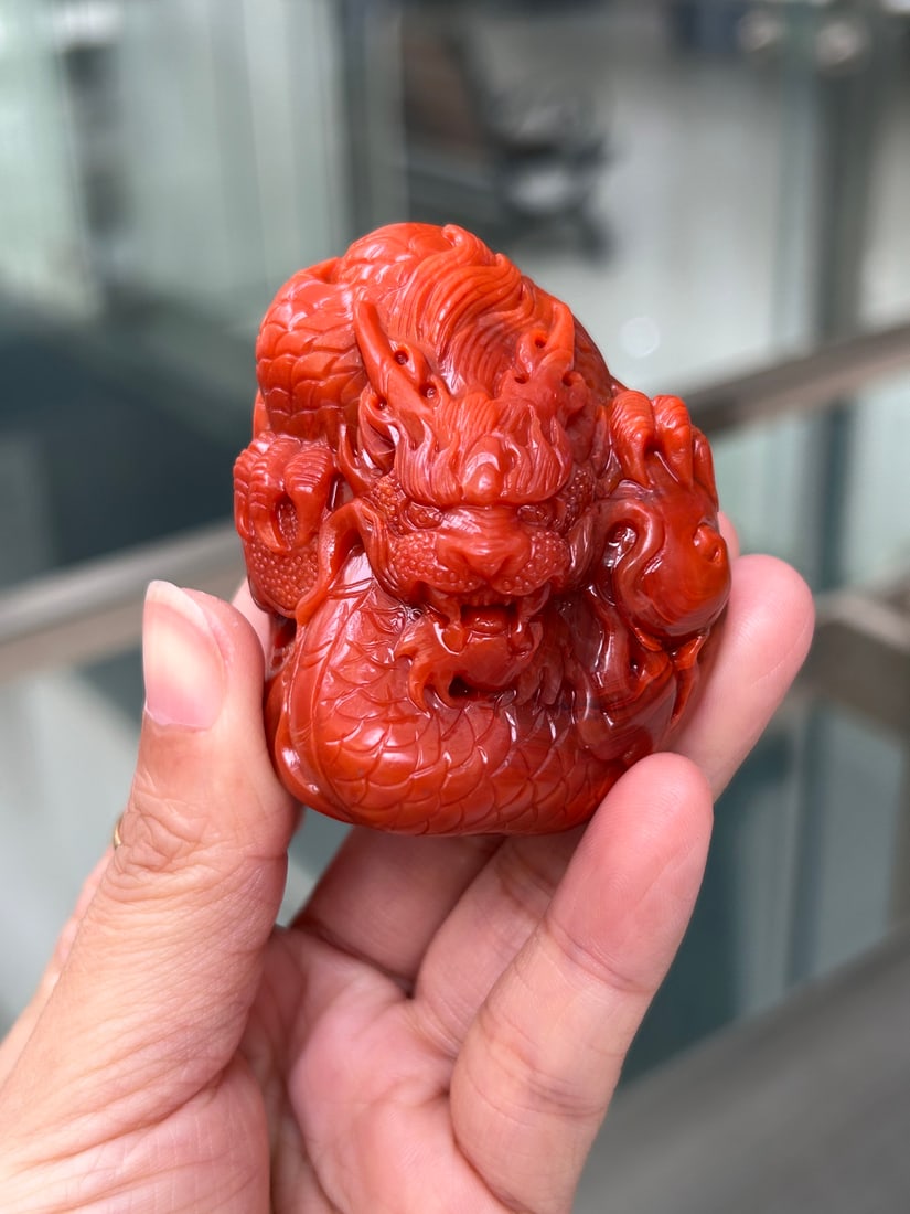 Chinese Nanhong Agate Carved Fortune Dragon Statue - 5