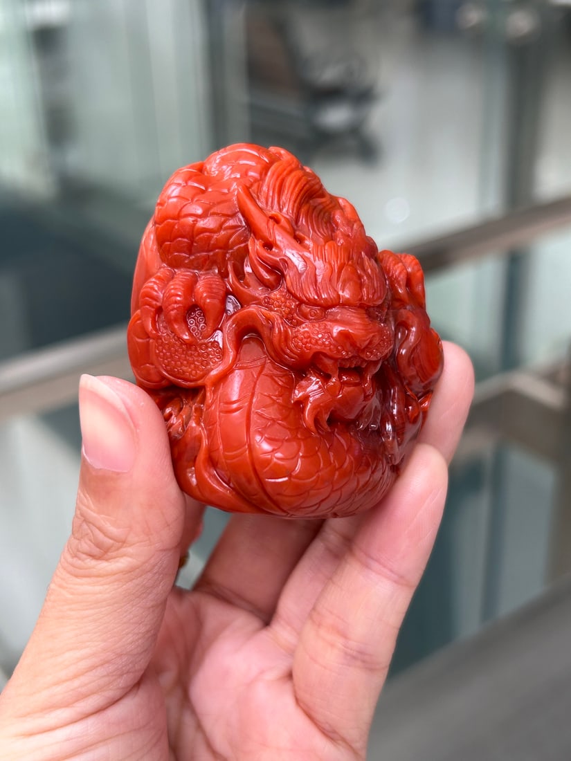 Chinese Nanhong Agate Carved Fortune Dragon Statue - 7