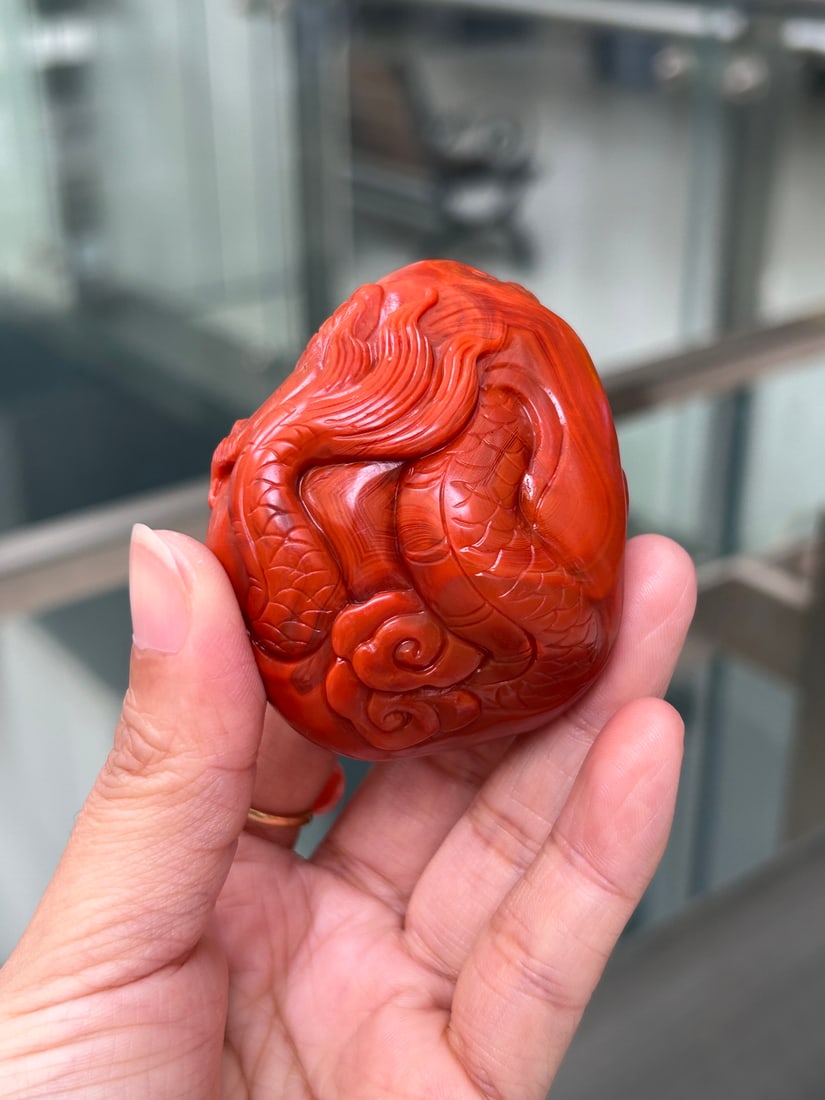 Chinese Nanhong Agate Carved Fortune Dragon Statue - 8
