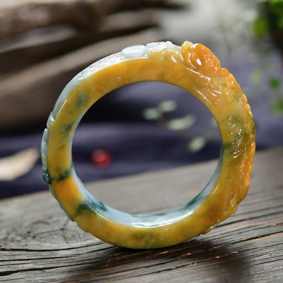 Inside Diameter 58mm Exquisite Jadeite Carved Phoenix & Peony Bracelet - 3