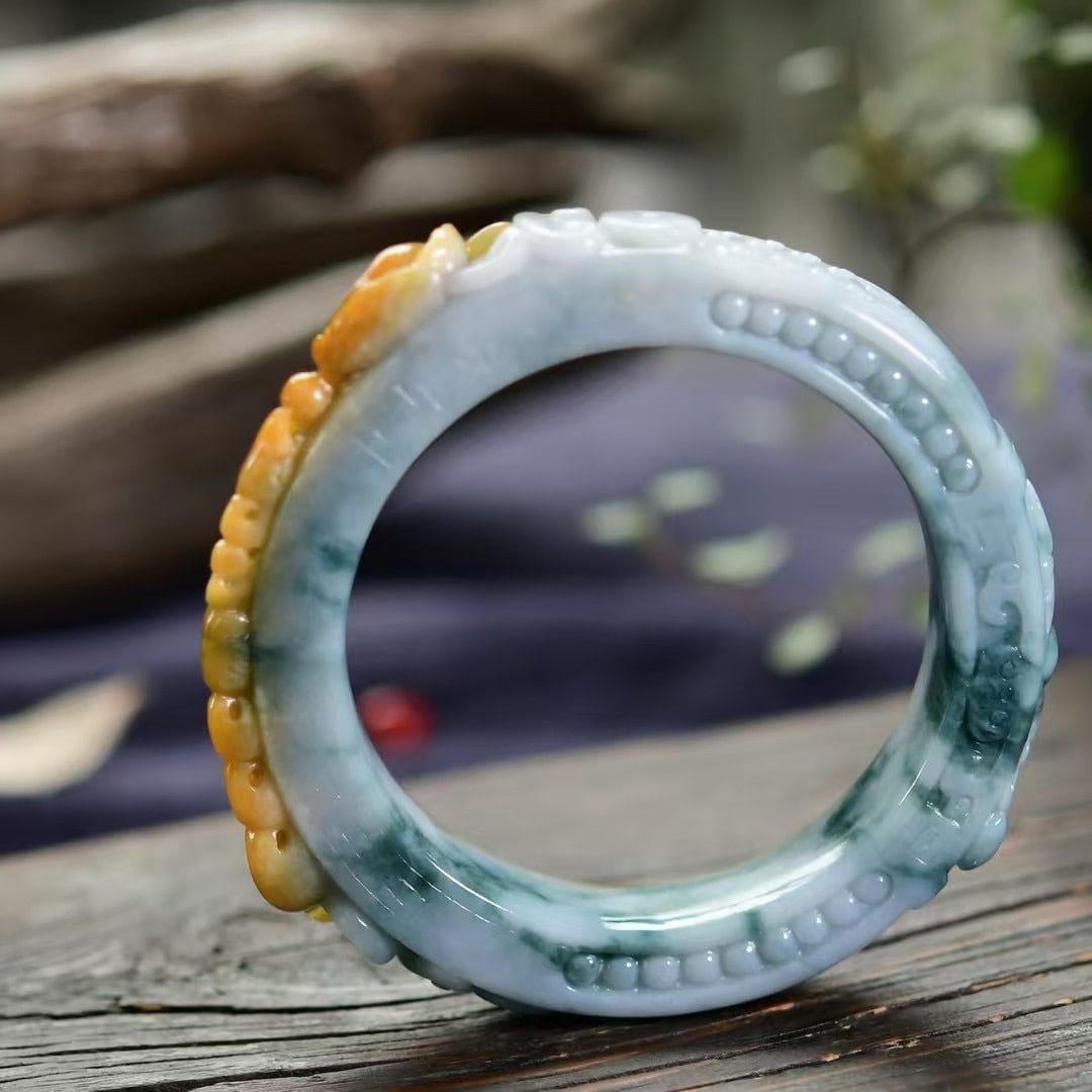 Inside Diameter 58mm Exquisite Jadeite Carved Phoenix & Peony Bracelet - 4