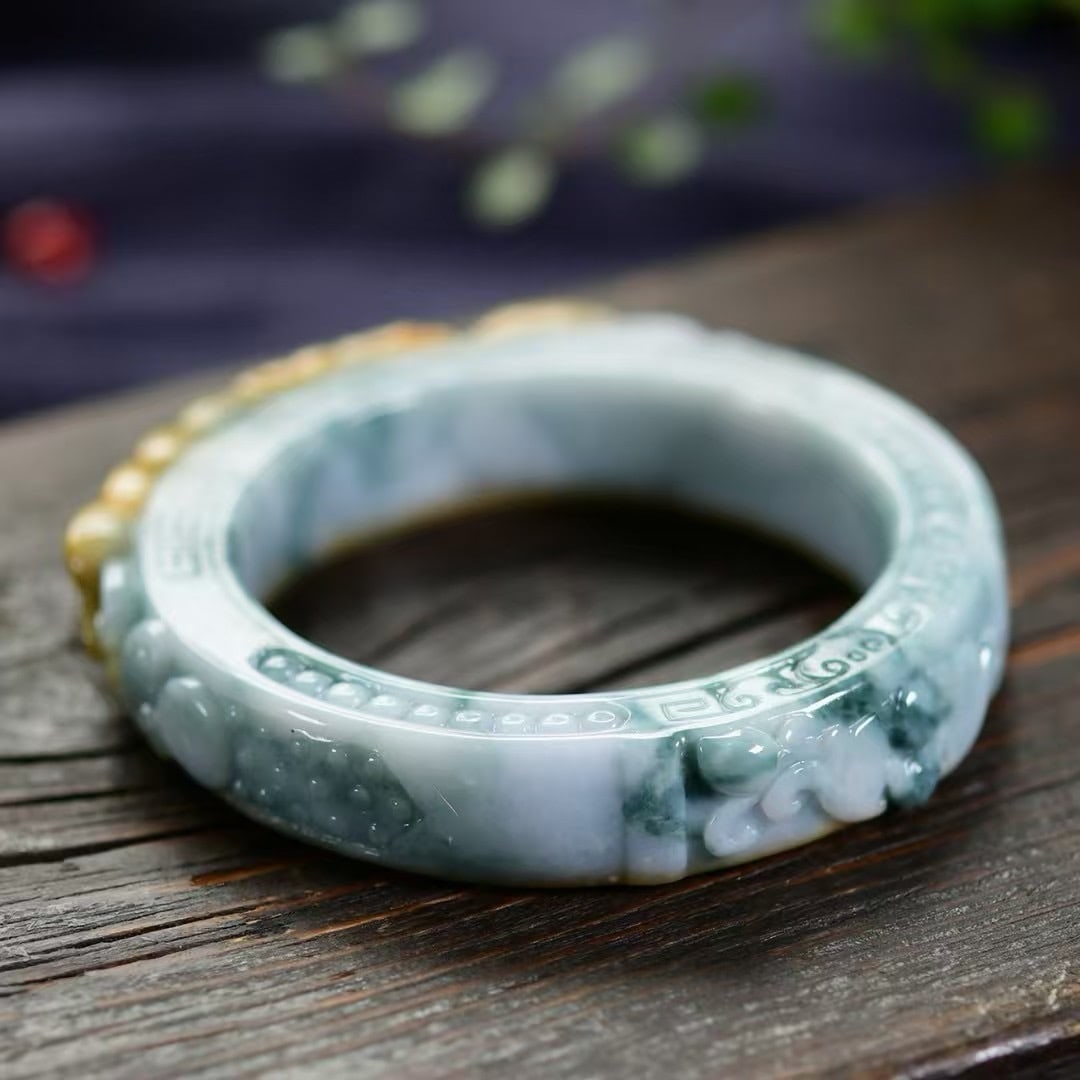 Inside Diameter 58mm Exquisite Jadeite Carved Phoenix & Peony Bracelet - 5