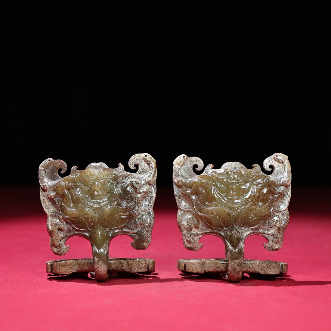 A Pair Vintage Chinese Hetian Jade Carved Divine Beast Door Knocker (1 of 9)