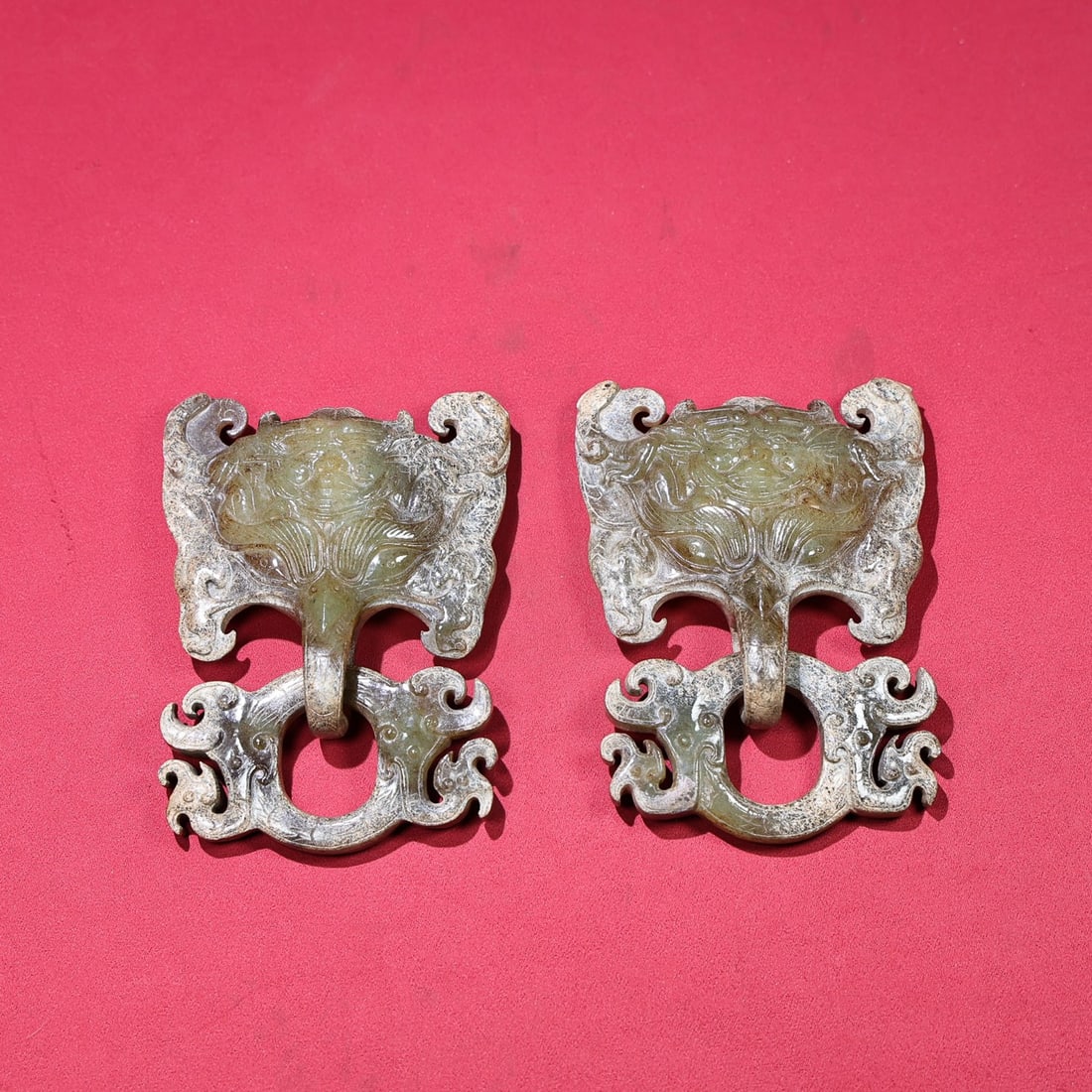 A Pair Vintage Chinese Hetian Jade Carved Divine Beast Door Knocker - 3
