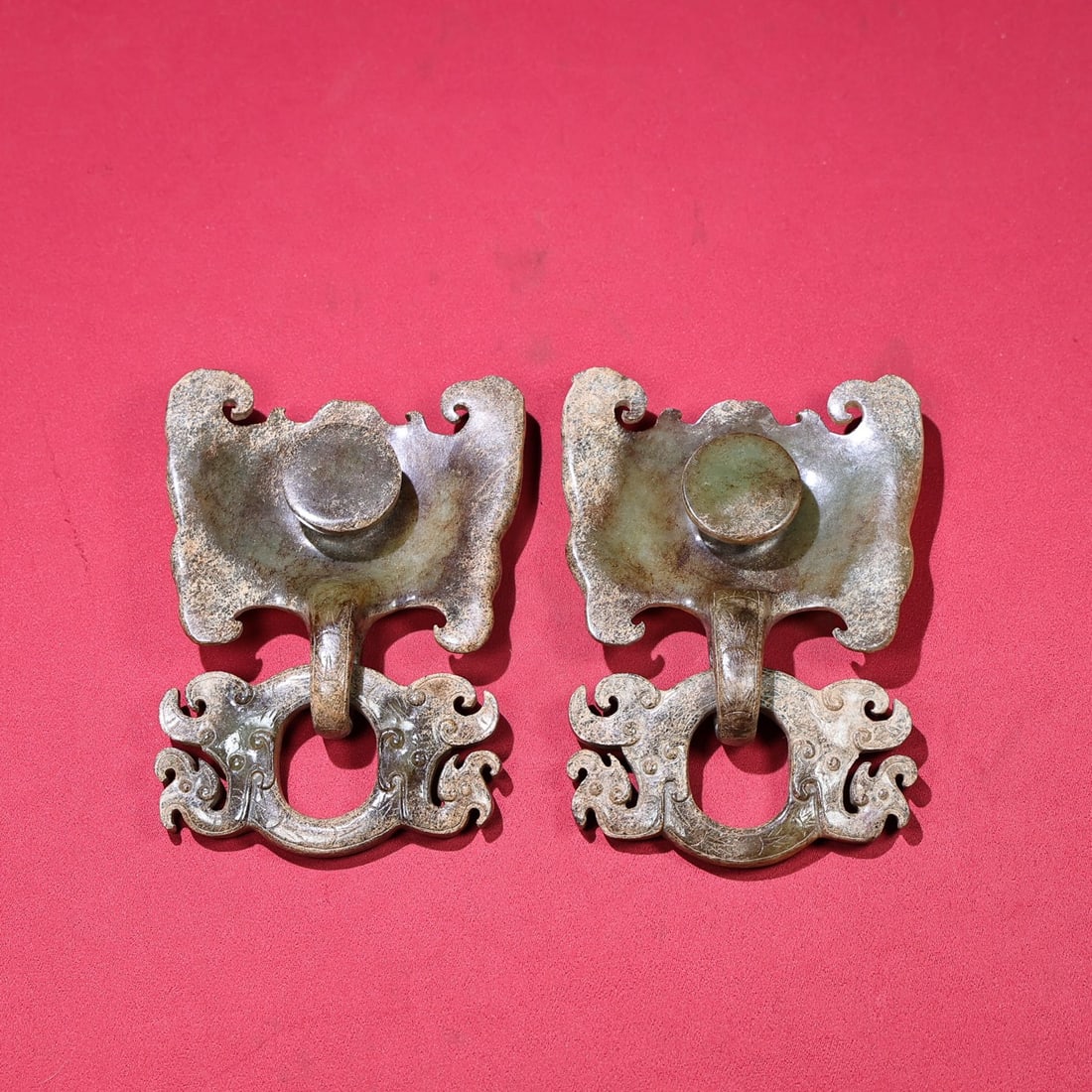 A Pair Vintage Chinese Hetian Jade Carved Divine Beast Door Knocker - 4